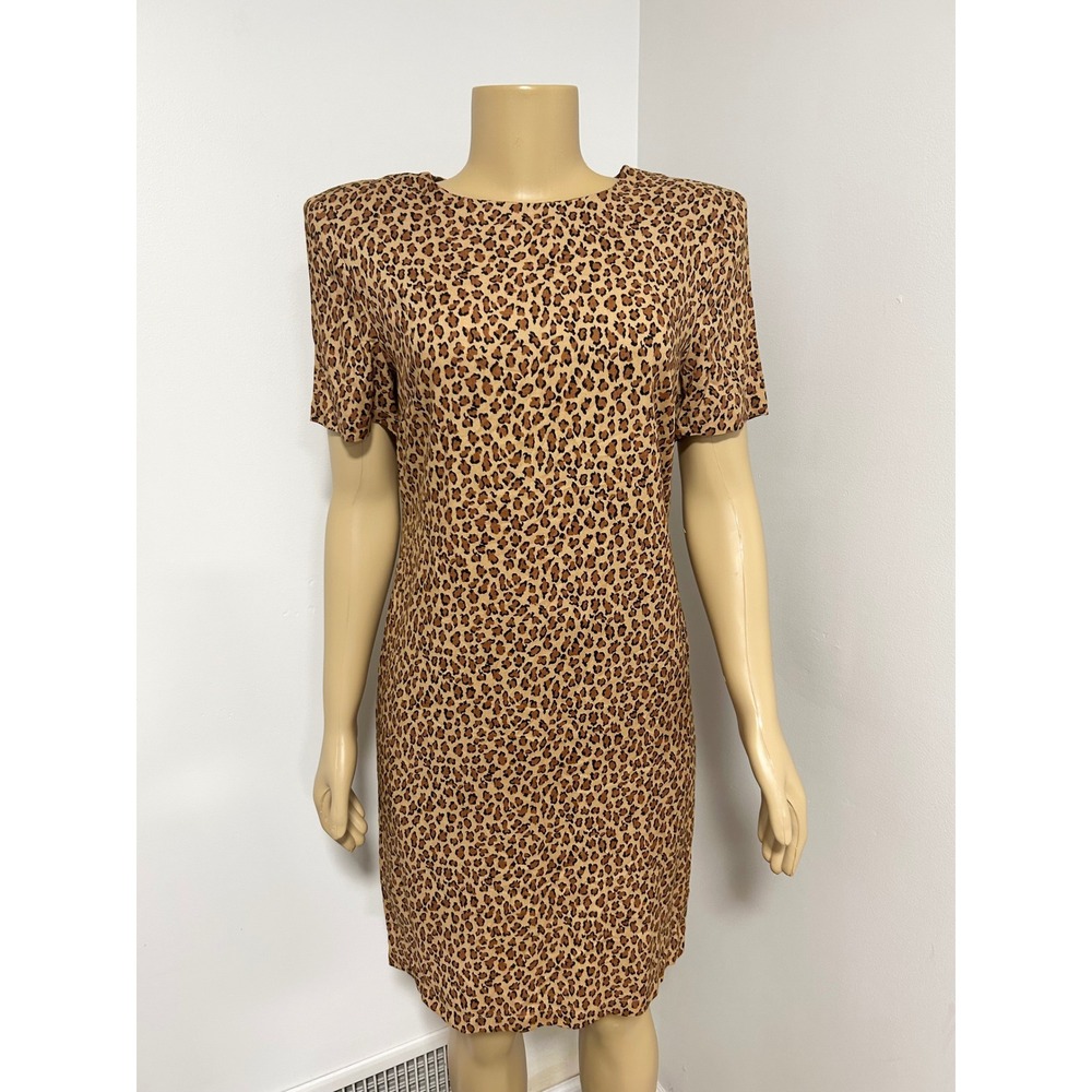 Kathie Lee Vintage Leopard Print Rayon Sheath Dress Brown Tan Size 6 Made in USA